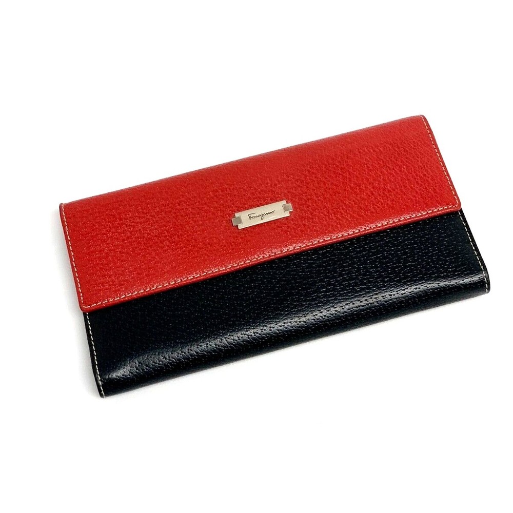Salvatore Ferragamo Leather Wallet Red Black Womens Flap Snap Bi Fold Card Slots